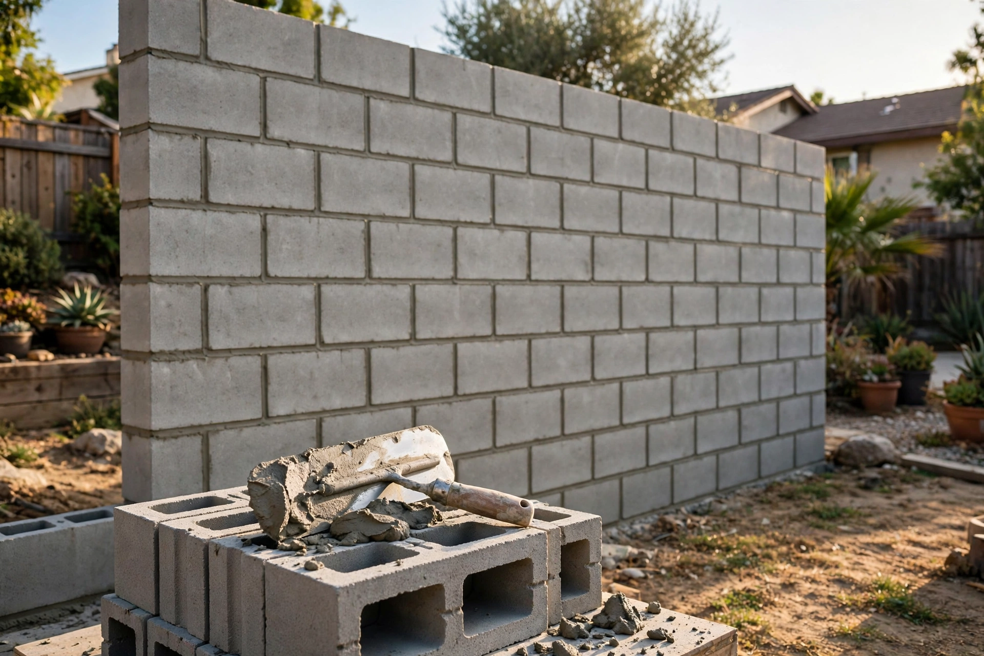 Newly built concrete block wall with clean mortar joints