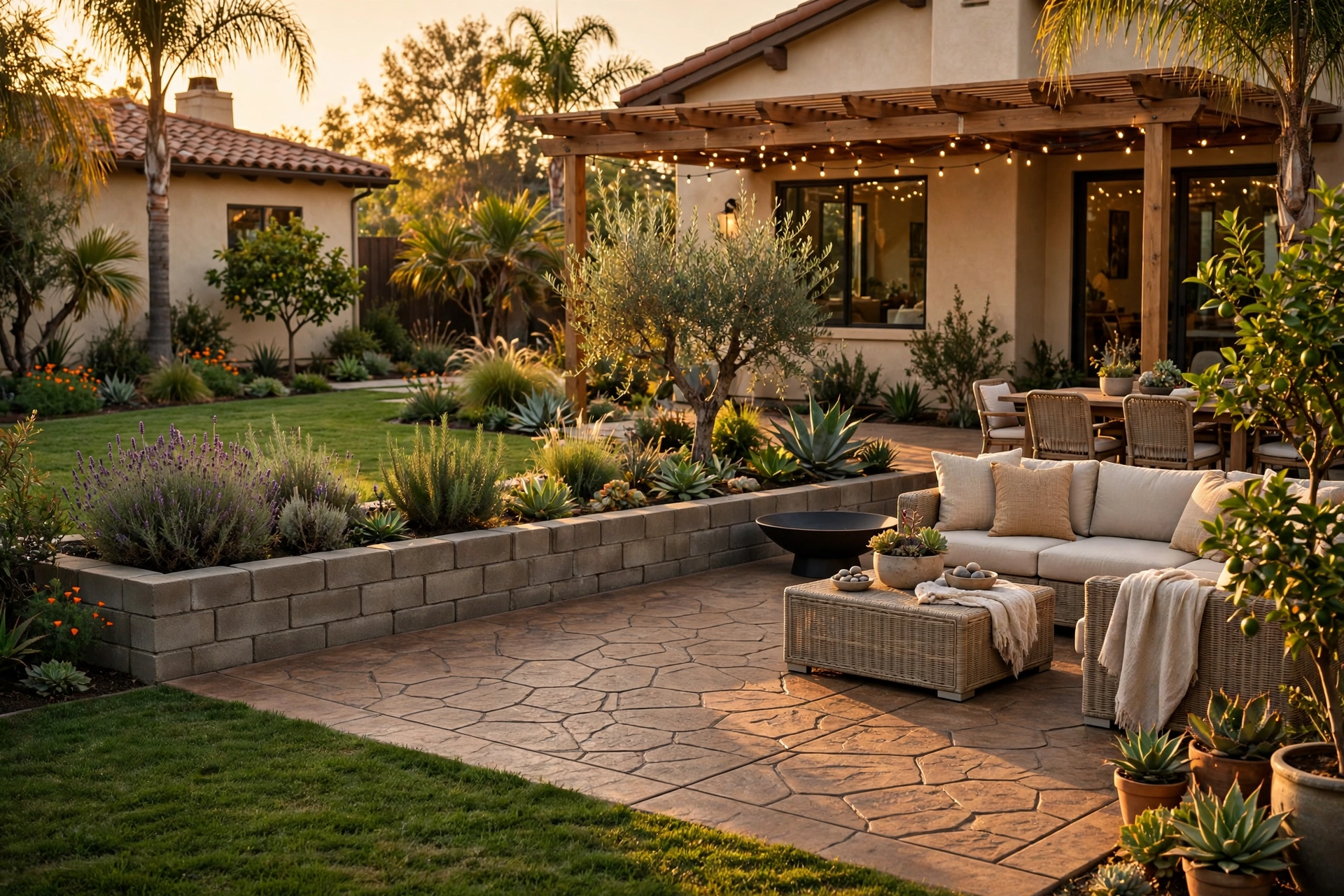 Finished backyard patio with concrete pavers, block retaining wall, and landscaping