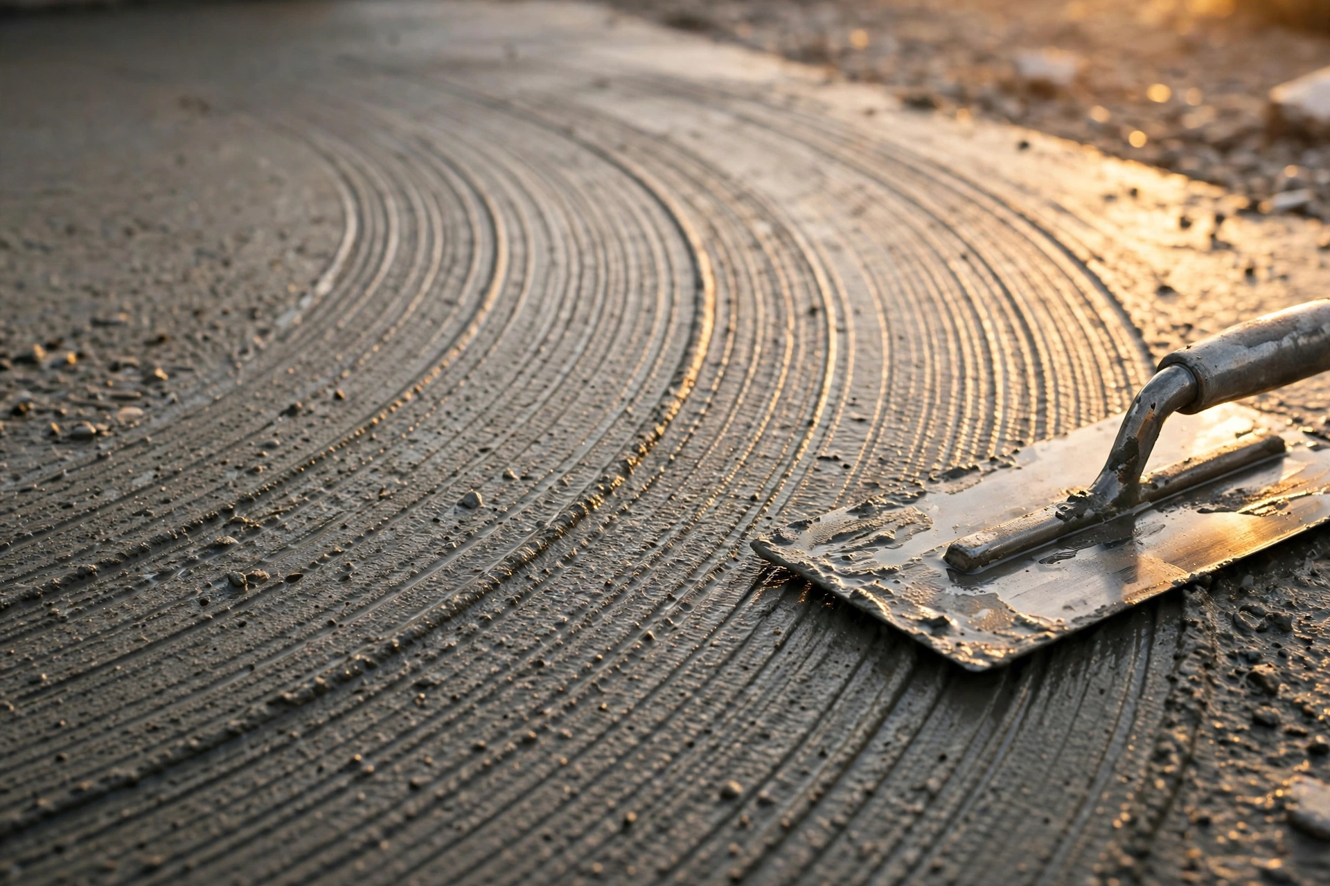 Freshly finished concrete with broom-finish grooves and a steel trowel