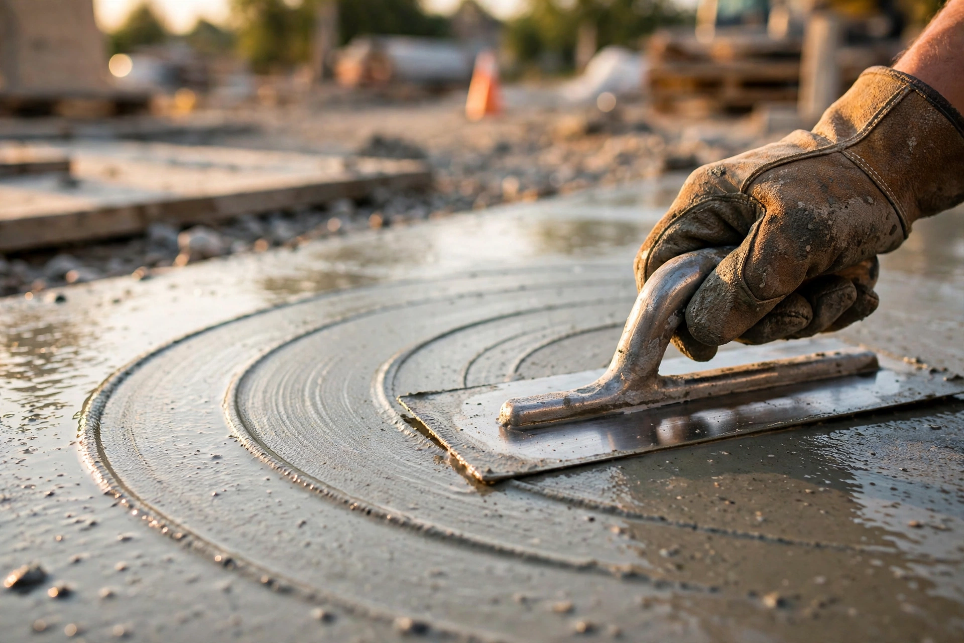 Steel trowel finishing a wet concrete slab with curved marks